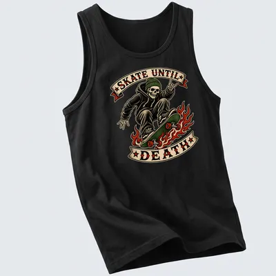 Vintage tattoo art of a skeleton skater with the text Skate Until Death — printed on a tank top