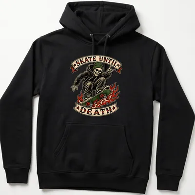 Vintage tattoo art of a skeleton skater with the text Skate Until Death — printed on a unisex hoodie
