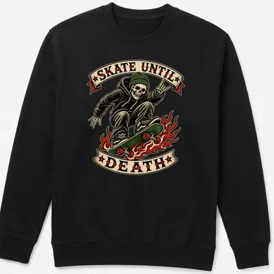 Vintage tattoo art of a skeleton skater with the text Skate Until Death — printed on a unisex sweatshirt
