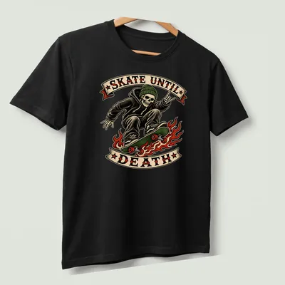 Vintage tattoo art of a skeleton skater with the text Skate Until Death — printed on a unisex t-shirt (angled view)