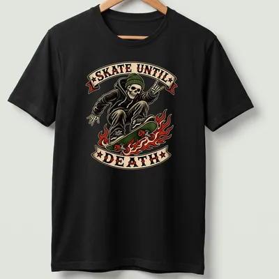 Vintage tattoo art of a skeleton skater with the text Skate Until Death