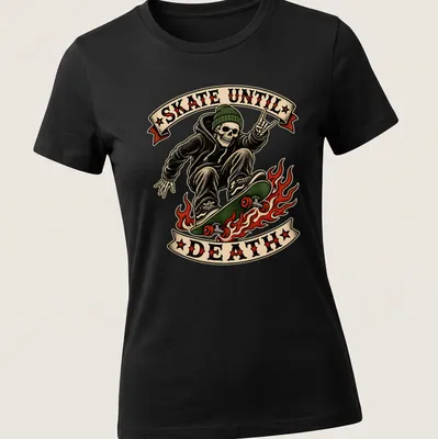 Vintage tattoo art of a skeleton skater with the text Skate Until Death — printed on a women's shirt
