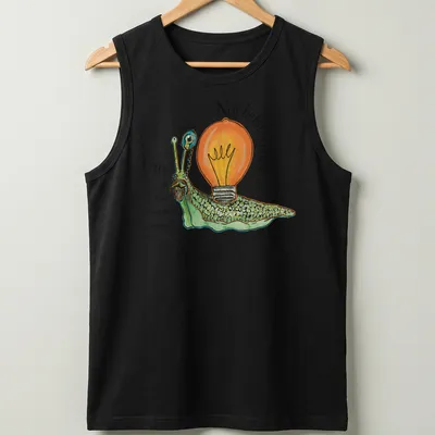 Whimsical illustration of a snail with a light bulb and text about coffee. — printed on a tank top