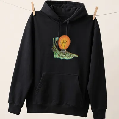 Whimsical illustration of a snail with a light bulb and text about coffee. — printed on a unisex hoodie