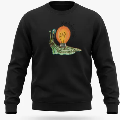 Whimsical illustration of a snail with a light bulb and text about coffee. — printed on a unisex sweatshirt