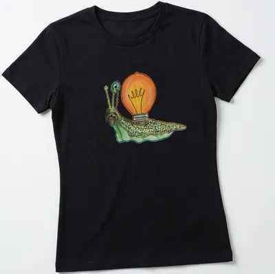 Whimsical illustration of a snail with a light bulb and text about coffee. — printed on a women's shirt