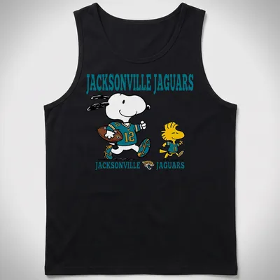 Cartoon Snoopy and Woodstock supporting the Jacksonville Jaguars in teal and black — printed on a tank top