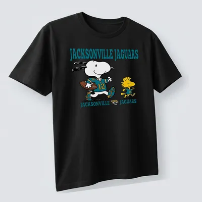 Cartoon Snoopy and Woodstock supporting the Jacksonville Jaguars in teal and black — printed on a unisex t-shirt (angled view)