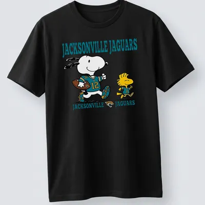 Cartoon Snoopy and Woodstock supporting the Jacksonville Jaguars in teal and black