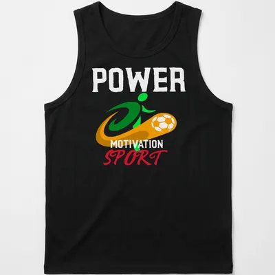 Dynamic soccer player graphic with bold Power Motivation Sport text in vibrant colors — printed on a tank top