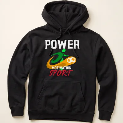 Dynamic soccer player graphic with bold Power Motivation Sport text in vibrant colors — printed on a unisex hoodie