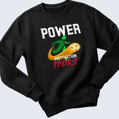 Dynamic soccer player graphic with bold Power Motivation Sport text in vibrant colors — printed on a unisex sweatshirt