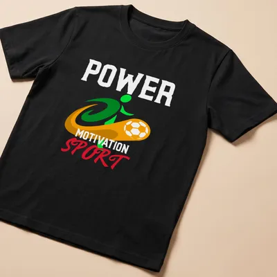Dynamic soccer player graphic with bold Power Motivation Sport text in vibrant colors