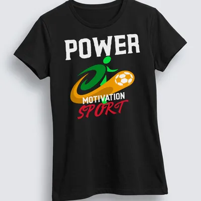 Dynamic soccer player graphic with bold Power Motivation Sport text in vibrant colors — printed on a women's shirt