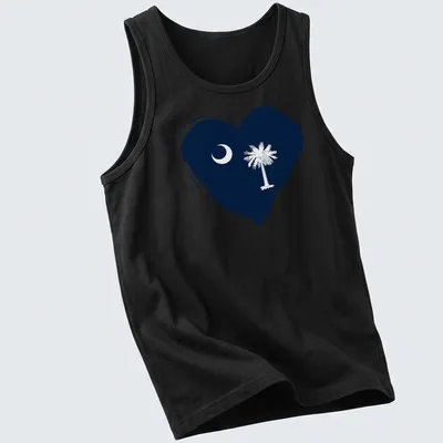 Distressed graphic of South Carolina flag heart featuring crescent moon and palm tree — printed on a tank top