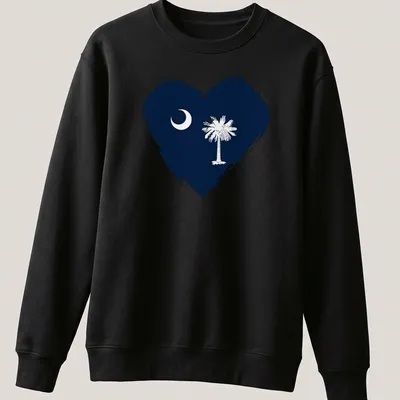 Distressed graphic of South Carolina flag heart featuring crescent moon and palm tree — printed on a unisex sweatshirt