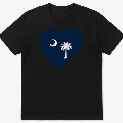 Distressed graphic of South Carolina flag heart featuring crescent moon and palm tree