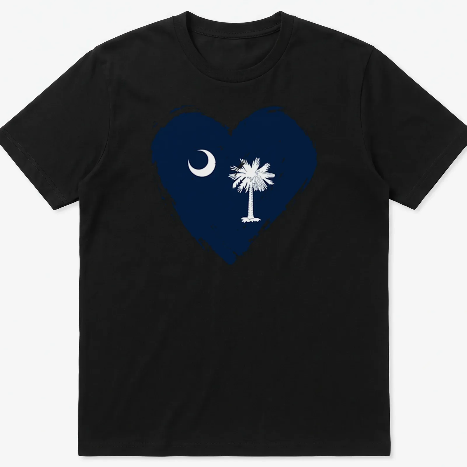 Distressed graphic of South Carolina flag heart featuring crescent moon and palm tree — printed on a unisex t-shirt