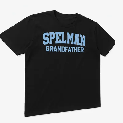 Bold collegiate Spelman Grandpa t-shirt in light blue — printed on a unisex t-shirt (angled view)