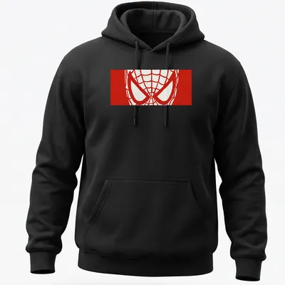 Comic style Spider-Man illustration in red and white on a t-shirt. — printed on a unisex hoodie