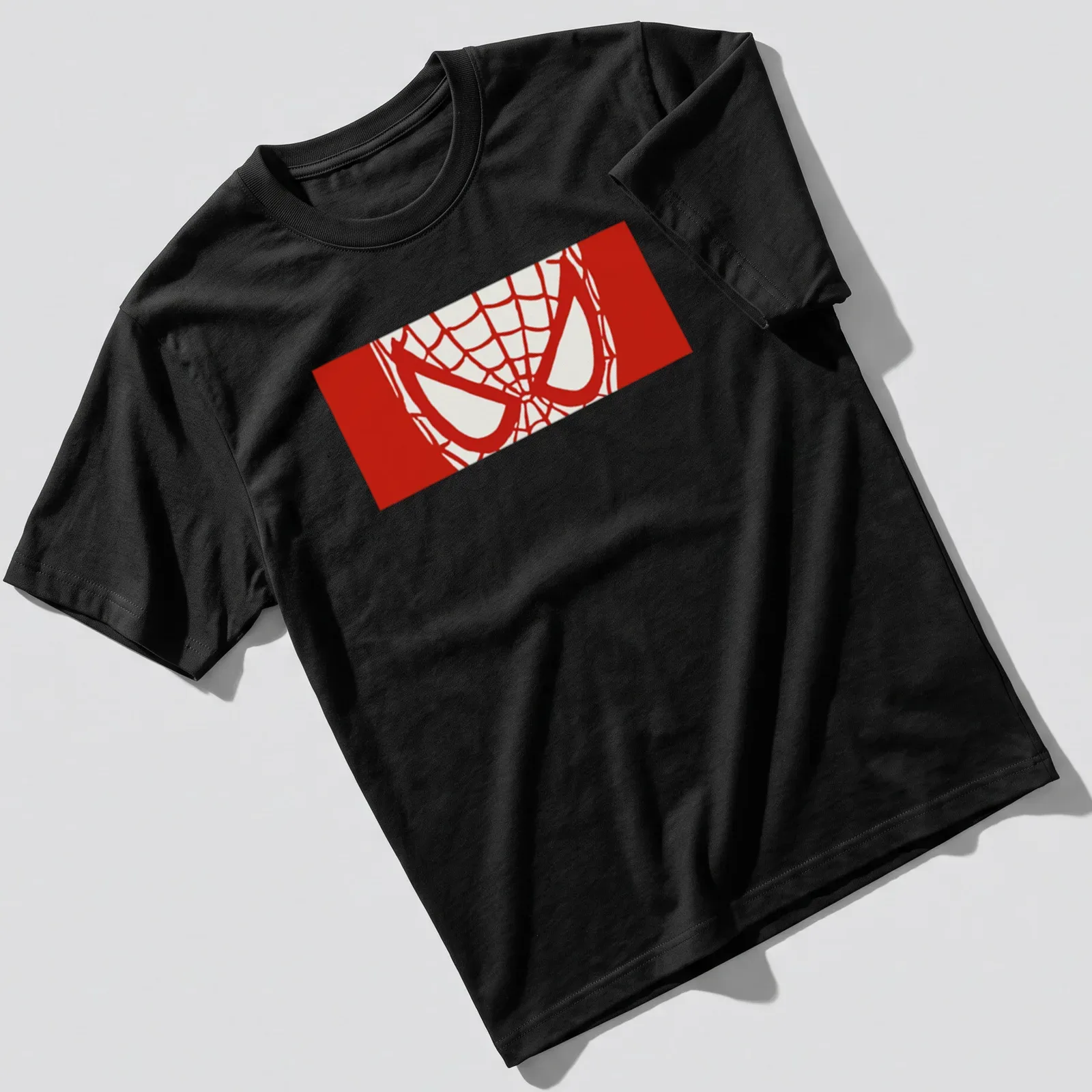Comic style Spider-Man illustration in red and white on a t-shirt. — printed on a unisex t-shirt