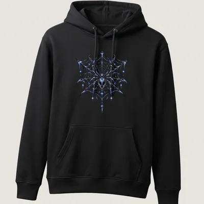 Chrome effect spider in a web on a Halloween t-shirt. — printed on a unisex hoodie