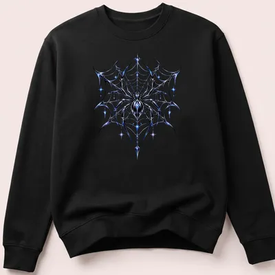 Chrome effect spider in a web on a Halloween t-shirt. — printed on a unisex sweatshirt