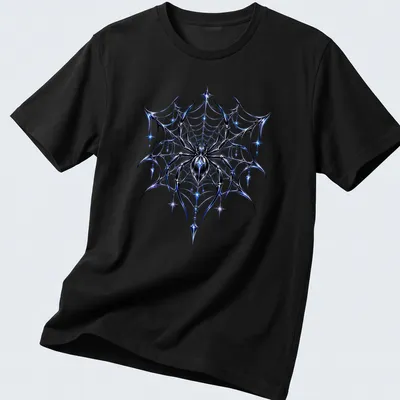 Chrome effect spider in a web on a Halloween t-shirt.