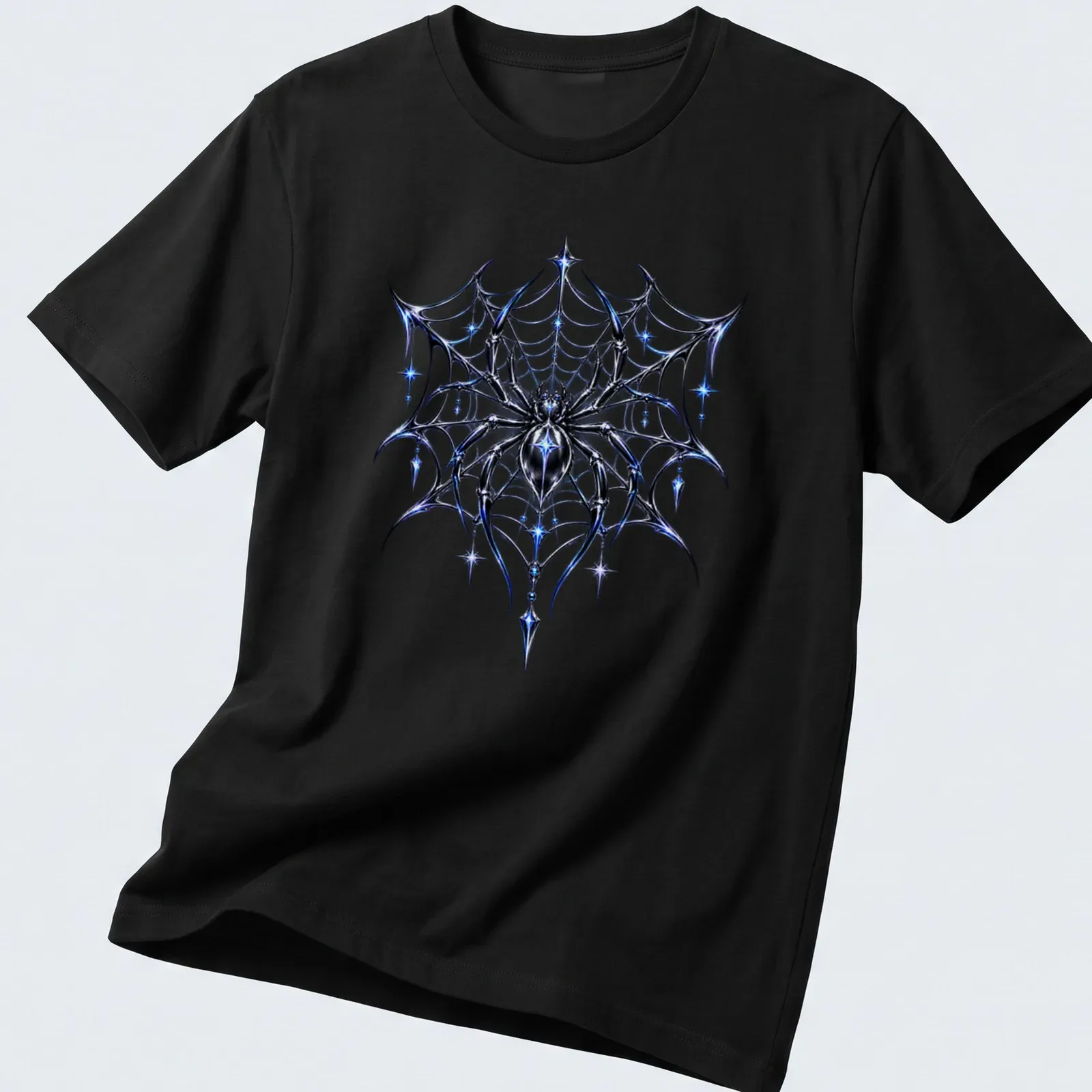 Chrome effect spider in a web on a Halloween t-shirt. — printed on a unisex t-shirt