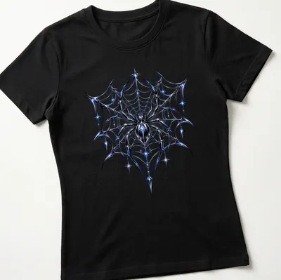Chrome effect spider in a web on a Halloween t-shirt. — printed on a women's shirt