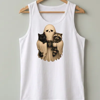 Cute ghost holding black cat and raccoon with 'MEH' text