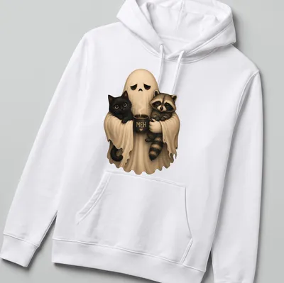 Cute ghost holding black cat and raccoon with 'MEH' text — printed on a unisex hoodie