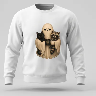 Cute ghost holding black cat and raccoon with 'MEH' text — printed on a sweatshirt