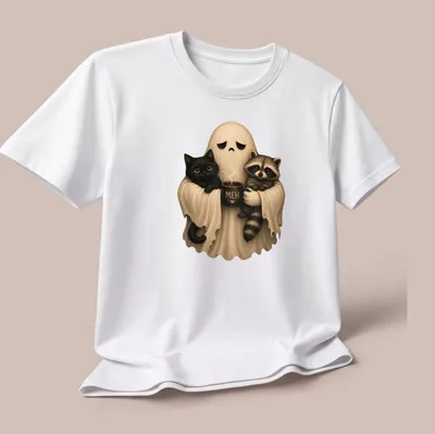 Cute ghost holding black cat and raccoon with 'MEH' text — angled view
