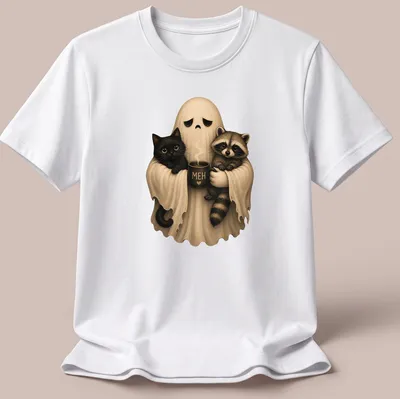 Cute ghost holding black cat and raccoon with 'MEH' text