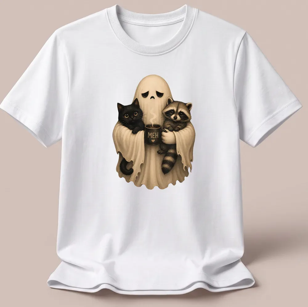 Cute ghost holding black cat and raccoon with 'MEH' text