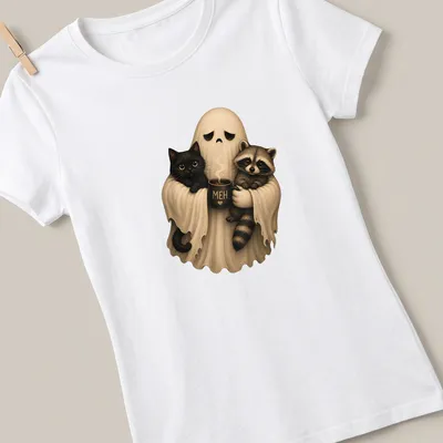 Cute ghost holding black cat and raccoon with 'MEH' text — printed on a women's t-shirt