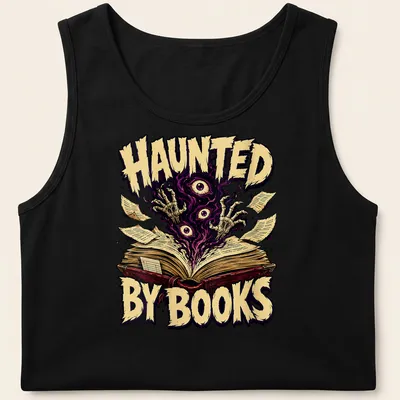 Vintage horror t-shirt featuring an open book with ghostly hands and eyes, printed in purple and gold. — printed on a tank top