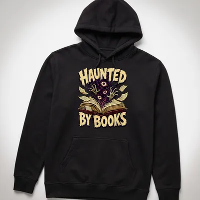 Vintage horror t-shirt featuring an open book with ghostly hands and eyes, printed in purple and gold. — printed on a unisex hoodie