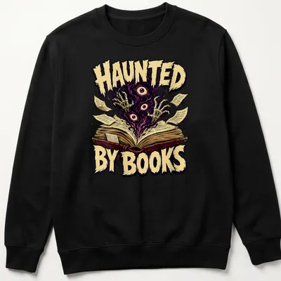 Vintage horror t-shirt featuring an open book with ghostly hands and eyes, printed in purple and gold. — printed on a unisex sweatshirt