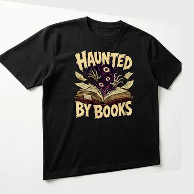 Vintage horror t-shirt featuring an open book with ghostly hands and eyes, printed in purple and gold. — printed on a unisex t-shirt (angled view)