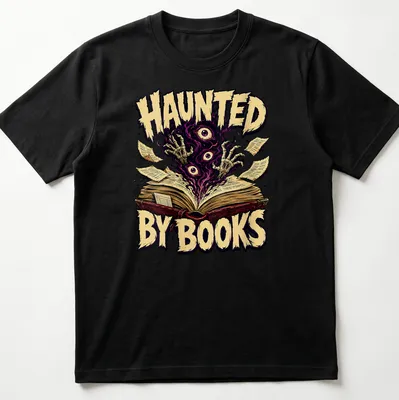 Vintage horror t-shirt featuring an open book with ghostly hands and eyes, printed in purple and gold.