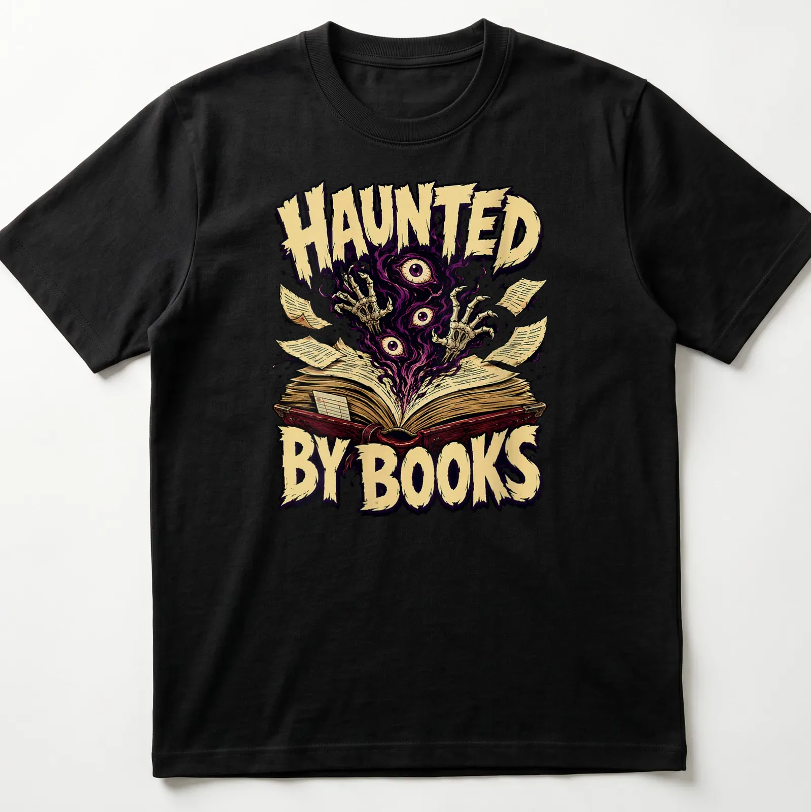 Vintage horror t-shirt featuring an open book with ghostly hands and eyes, printed in purple and gold. — printed on a unisex t-shirt