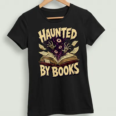 Vintage horror t-shirt featuring an open book with ghostly hands and eyes, printed in purple and gold. — printed on a women's shirt