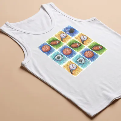Colorful sketch of various sports balls including footballs and basketballs — printed on a tank top