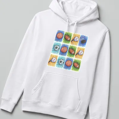 Colorful sketch of various sports balls including footballs and basketballs — printed on a unisex hoodie