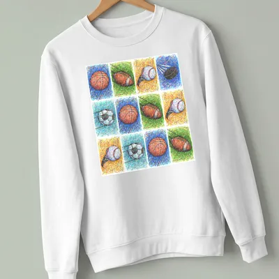 Colorful sketch of various sports balls including footballs and basketballs — printed on a unisex sweatshirt