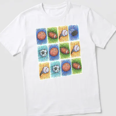 Colorful sketch of various sports balls including footballs and basketballs