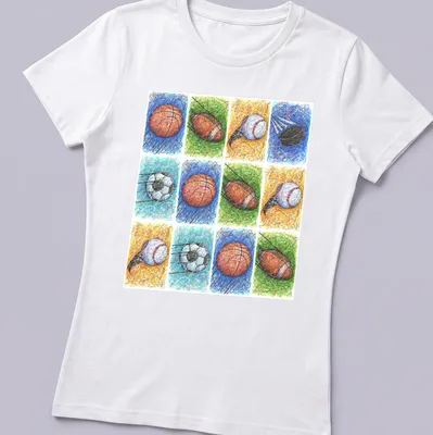 Colorful sketch of various sports balls including footballs and basketballs — printed on a women's shirt