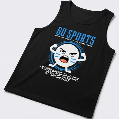 Kawaii cartoon face t-shirt featuring the text 'GO SPORTS' in bright colors — printed on a tank top